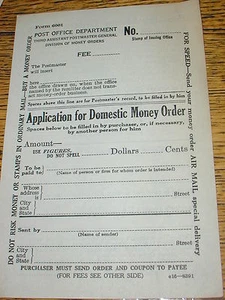 2 US Post Office Application for Domestic Money Order Blank Forms 1939 Form 6001 - Picture 1 of 2
