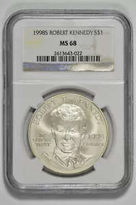 1998 S Robert F. Kennedy Justice Commemorative Silver Dollar NGC MS 68 - Picture 1 of 2