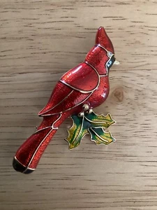 Vintage LC Gold Tone Red Enamel Cardinal Bird Green  leaf Brooch - Picture 1 of 2