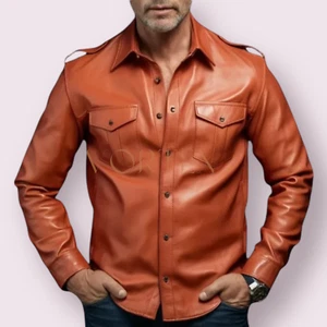 Men's Brown Leather Full sleeve Shirt Genuine Soft Lambskin Motorbike Shirt LGBT - Picture 1 of 2
