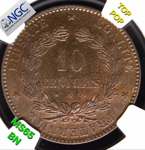 10 Centime 1873-A. France. KM-815.1 UNC NGC MS65 BN Top Pop - Picture 1 of 3