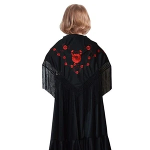 Girls Flamenco Spanish Embroidered Shawl Cover Up Wrap Dance Black Red - Picture 1 of 1