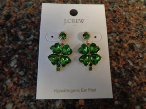 J.CREW Clover Shamrock ๐ Earrings Green Gem Statement Gold Plated New - Picture 1 of 5
