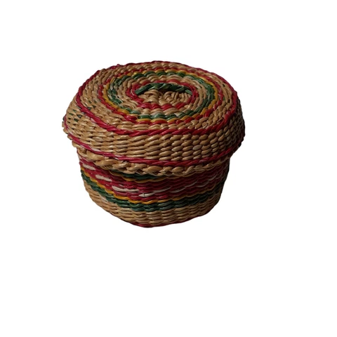 Vintage Handwoven Sweetgrass Round Native Design Lidded Small Basket Reds Green Cover