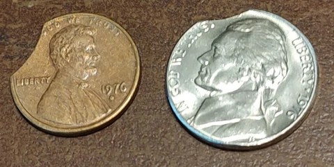 1976d CLIPPED ERROR BICENTENNIAL Jefferson Nickel & Lincoln  Coin BLAKESLEY Clip Cover