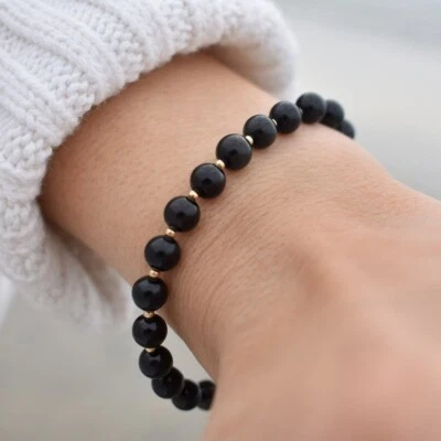 Black Obsidian Smooth Round Gemstone Beaded Gold Filled Handmade Bracelets 6-8'' - Image 1 of 4