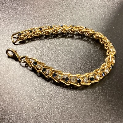 Gold Tone bracelet with prong set clear and green rhinestones — 第 1/4 张图片