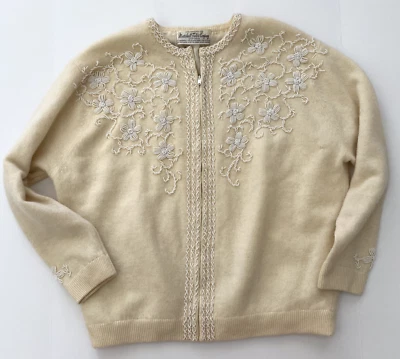 Vintage Cream Cardigan Heavily Beaded Lined Marshall Fields Lambswool Rabbit Fur - Image 1 of 4