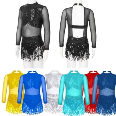 UK Kids Girls Sequin Tassel Leotard Dress Mesh Splice Latin Tango Dance Costume - Image 1 of 4