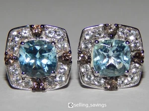 14K WHITE GOLD LEVIAN 2.50 TCW BLUE TOPAZ & SMOKY QUARTZ 1/2 INCH WIDE EARRINGS - Picture 1 of 9