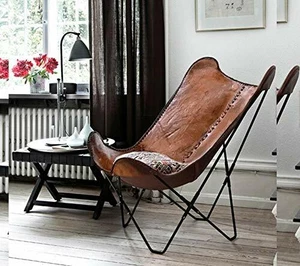 Vintage Natural Real Leather Cover Arm Chair BKF Butterfly Chair Office Decor
