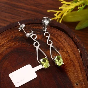 925 Sterling Silver Peridot Dangle Earrings Natural Green Gemstone Women Jewelry - Picture 1 of 8