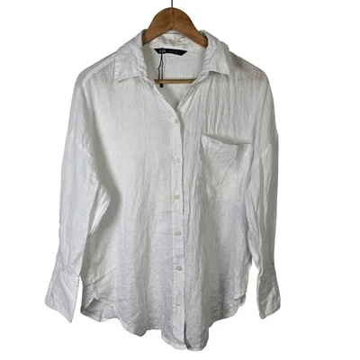 Zara Mens White 100% Linen Long Sleeve Button Down Shirt Casual - Image 1 of 4