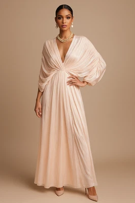 $990 Badgley Mischka Drapeado Manga Dolman Gasa Vestido Modesto Champagne talla 4 Nuevo con Etiquetas Foto 1 de 4