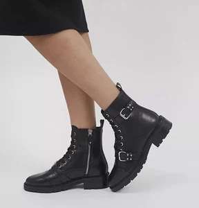 Büro schwarze Leder Schnürstiefel Riemchen Nieten Größe 5 - Bild 1 von 6