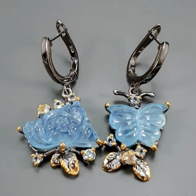 Handmade 22 ct+ Natural Aquamarine Earrings 925 Sterling Silver /E128540 - Image 1 of 4