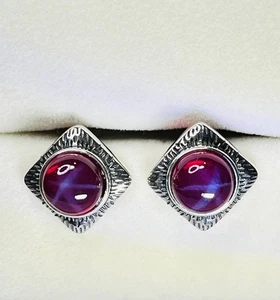 Vintage Style Bigger 925 Sterling Silver Lab Created Red Star Ruby Stud Earrings - Picture 1 of 10