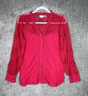 Top Anthropologie Meadow Rue transparente floral con cordones abotonados para mujer talla pequeña rojo rosa Foto 1 de 4