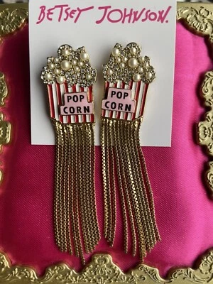 Betsey Johnson Snack Attack Popcorn Pop Corn Box Bin Pearl Chain Earrings RARE - Image 1 of 2