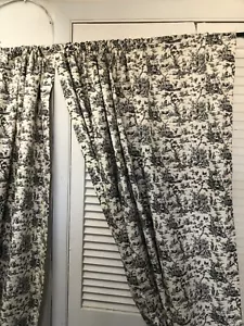 2 French Countryside Toile Curtain Panels Cotton 50x82" Black Off White Lined - Picture 1 of 10