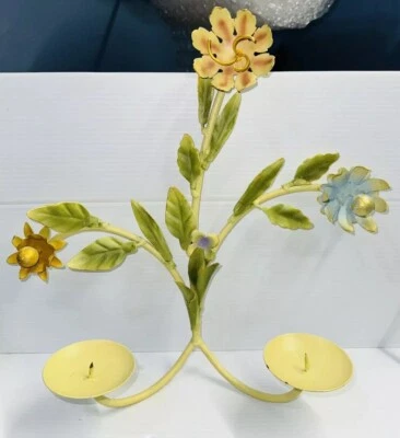 "Aplique floral de pared vintage Italia Tole 2 candelabros arte de pared de metal 13,5""x13""" Foto 1 de 4