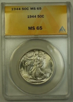 1944 US Walking Liberty Silver Half Dollar 50c Coin ANACS MS-65 B - Image 1 of 2