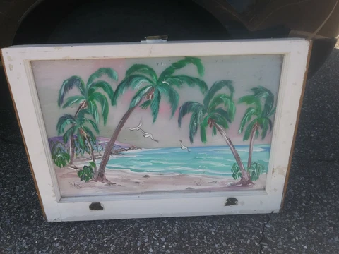 Artist Signed Vintage Sash Window 28x20 Beach Scene Palm trees & Seagulls Cover