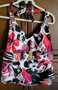 Merona Tankini Swim Top Wms 22W Multi color HALTER ABstract Floral Red Blk Brown - Picture 1 of 11