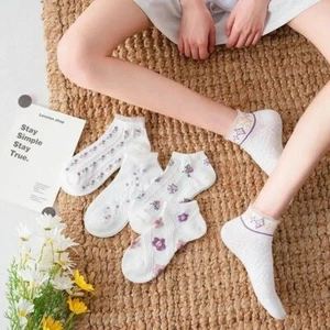 5 Pairs Women Girls Flowers Lace Socks Summer Mesh Breathable Casual Thin Sock - Picture 1 of 12