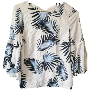 One / Plus Size 100% Leinen Made In Italy weißes Blusentop mit blauen Blättern  - Bild 1 von 9
