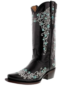 Womens Black Western Boots Cowboy Dress Leather Floral Embroidered Snip Toe - Picture 1 of 6
