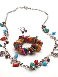 Multi Color Shell & Charm Necklace with Shell Stretch Bracelet and Earrings - Picture 1 of 16