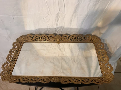 Large Antique Mirror Centerpiece Table Vanity Tray 28" x 16" Gold Ornate Footed Cover