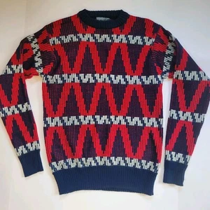 Vintage 80s Cross Bay Geometric Knit Sweater Red Blue Medium - Picture 1 of 6