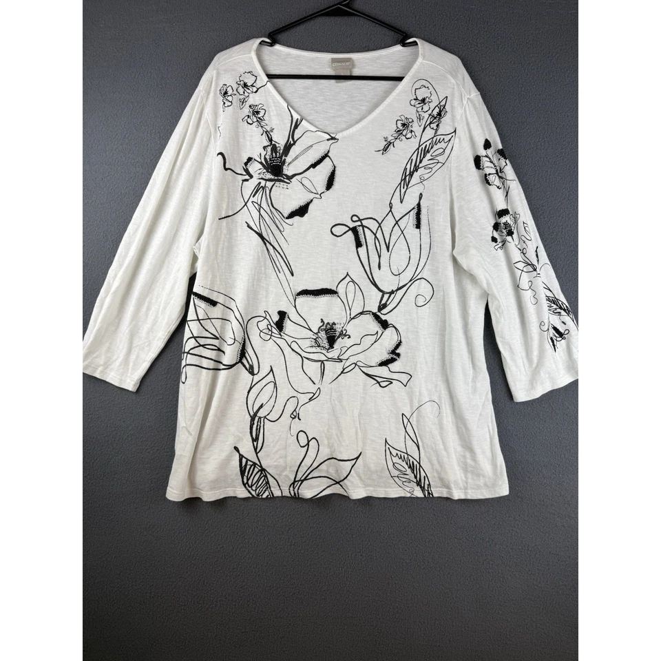 Top Chicos Mujer Talla Blanco Negro Floral Adornado Cuentas Mangas 3/4 XXL Foto 1 de 4