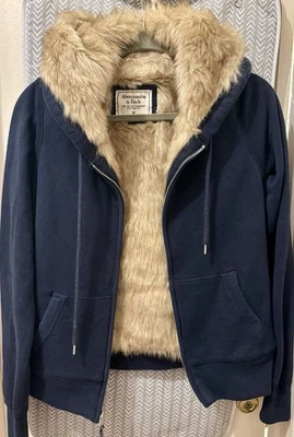 Abercrombie & Fitch Faux Fur Full-Zip Hoodie Sz M Navy A&F Hooded Sweatshirt - Image 1 of 4