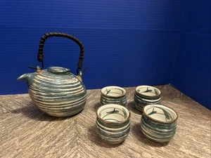 Vintage Dining Japanese Swirl Pastel Pottery Tea Set With Teapot And 4 Cups - Picture 1 of 19