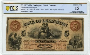 NC-30-G12a $5 años 1859-60 Lexington, NC Bank Of Lexington Ch F15 graduación profesional 950414-18 - Imagen 1 de 3