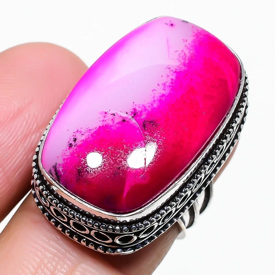 Anillo de joyería de plata de ley 925 con piedras preciosas de ópalo dendrita rosa talla 6,75 (EE. UU.) Foto 1 de 1