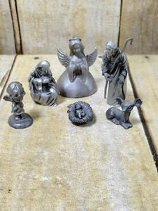 Pewter Miniature Nativity Set 7 Pc Jesus Joseph Mary Angels Deer - Picture 1 of 11