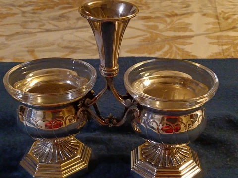 Vintage Double Open Salt Cellar, Glass Liners Sterling Silver Cover