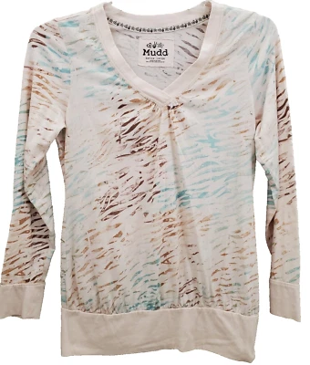 Blusa para mujer Mudd manga larga estampado animal beige marrón azul talla XL Foto 1 de 4