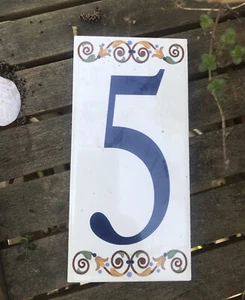 House Number wall door plaque 5 ceramic french vintage painted tile - Picture 1 of 11