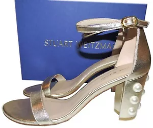 Stuart Weitzman Sandals Nearlynude Faux Pearl-Embellished Slingbacks Shoes  8 - Picture 1 of 6