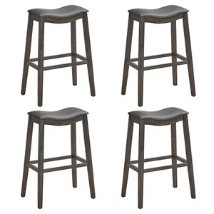 Set of 4 Saddle Bar Stools Bar Height Kitchen Chairs w/ Rubber Wood Legs Brown - Picture 1 of 10