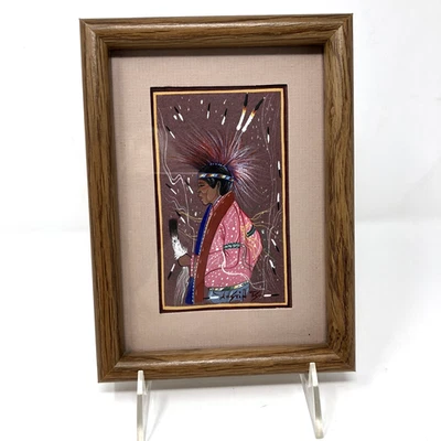 Justin Tso Original Painting Small Framed Signed "Pow Wow Time" 5.75" x 7.75" - Image 1 of 4