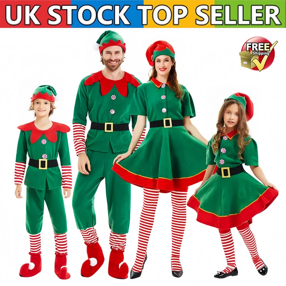 ADULTS & KIDS ELF COSTUME CHRISTMAS SANTAS LITTLE HELPER XMAS PARTY FANCY DRESS- - Image 1 of 4