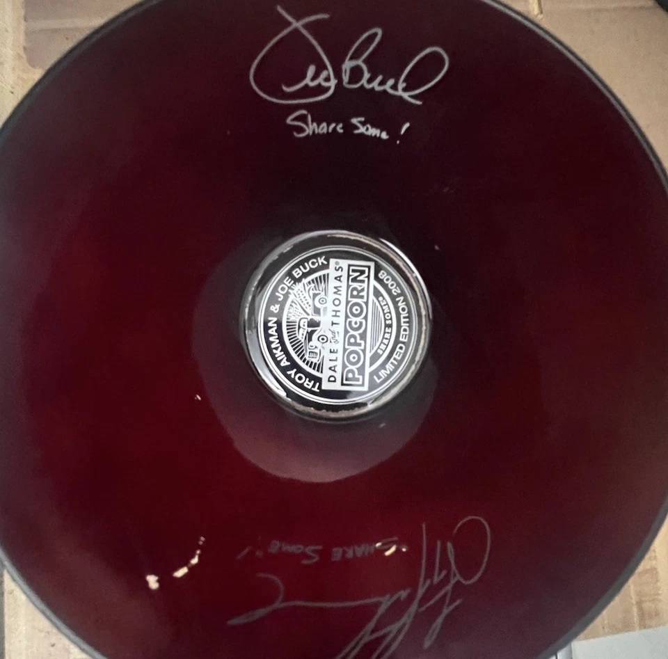 Dale & Thomas Glass Popcorn Bowl Ltd 2008 firmado Troy Aikman & Joe Buck 9 pulgadas Foto 1 de 4