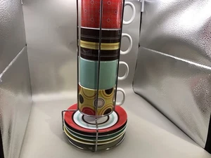 Caribou Coffee 4 Cups And 4 Saucers With Stand 13” High 6” Wide - Picture 1 of 13