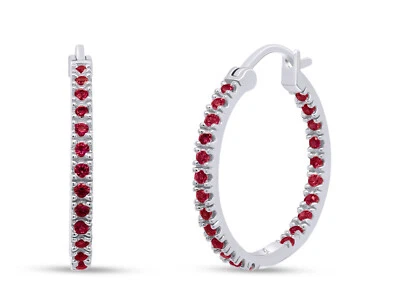 Oval Hoop Earrings in 925 Sterling Silver Simulated Pink Ruby Gemstone - Image 1 of 4